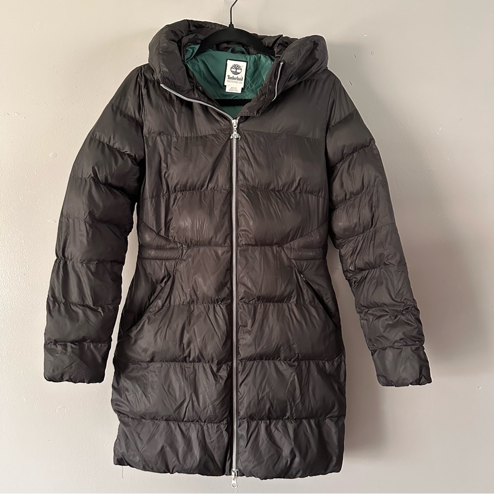Timberland Black‎ Hooded Puffer Parka | Black with Green Lining XS